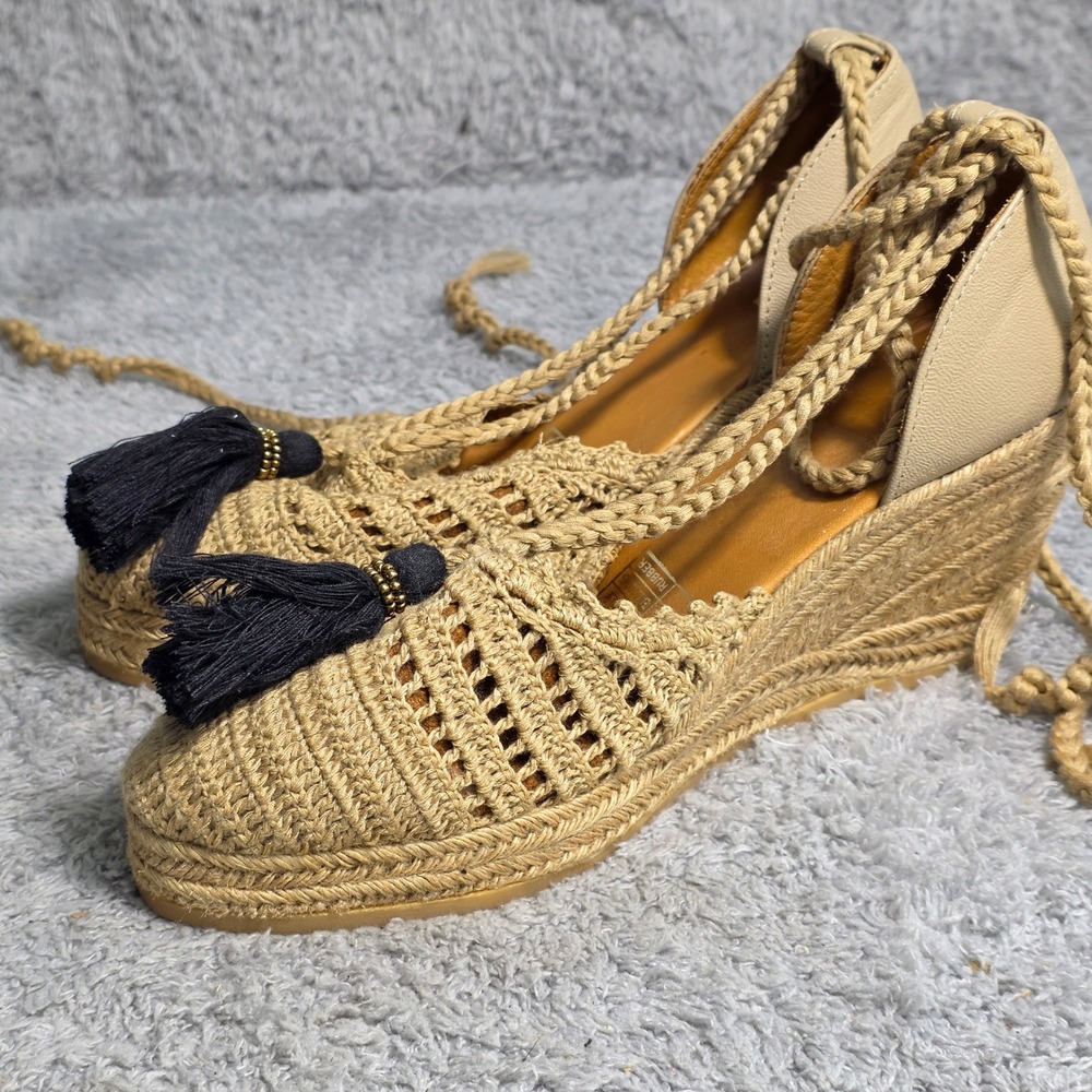 Silvia Cobos‎ Espadrille Wedge Sandals Tan Crochet Lace Up Ankle Tassel Womens 7